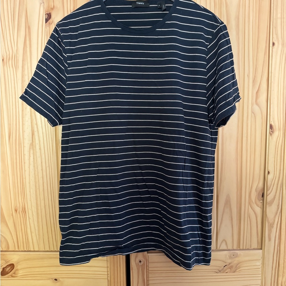 Theory Men's Dark Blue and White Striped Tee